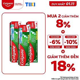 Bộ 3 kem đánh răng Colgate ngừa sâu răng răng chắc khỏe 225g/ tuýp tặng bàn chải lông tơ cao cấp Thái Lan