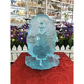 Tượng Phật Bà Quan Thế Âm Bồ Tát ngồi đài sen cầu bình an đá lưu ly xanh dương đặt bàn làm việc, taplo xe ô tô - Cao 16 cm