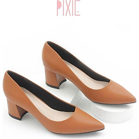 Giày Cao Gót Đế Vuông 5cm Mũi Nhọn Basic Màu Nâu Pixie P055 - Kem,36
