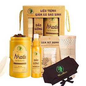 Liệu trình giảm eo sau sinh Wonmom ( 1 Hộp muối quấn bụng + 1 Dầu gừng + 1 Đai quấn muối + 1 Gen nịt bụng )