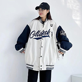 Áo khoác bomber nam nữ nỉ dù đen trắng thêu chữ Alaska form rộng dáng dài unisex thể thao hai lớp AB01