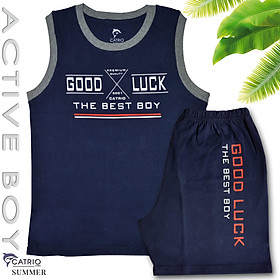 BỘ THUN BÉ TRAI CATRIO IN GOODLUCK MÀU NAVY là bộ phông mùa hè trẻ em từ 9