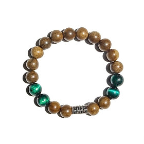 Vòng tay trầm hương mix đá mắt hổ xanh lá charm trụ chữ phạn cao cấp chính hãng 2VTH074 udumbara