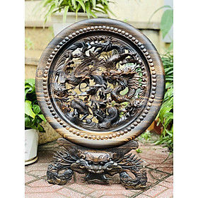 Đĩa trang trí phong thủy chạm khắc tứ linh bằng gỗ mun hoa siêu đẹp kt mặt tròn 40×3cm