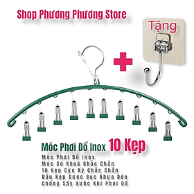 Móc phơi quần áo inox có khóa móc treo chắc chắn - 10 kẹp được phủ nhựa chống sầy xước khi phơi đồ ( tặng móc dán inox to ) Hàng Cao Cấp