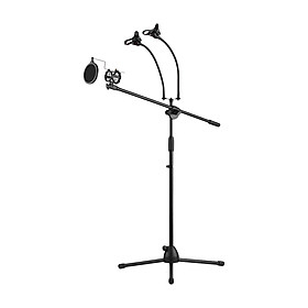 Metal Microphone Floor Stand Tripod Adjustable Height with Boom Arm 3 Mic Holders & 3 Smartphone Holder for Studio