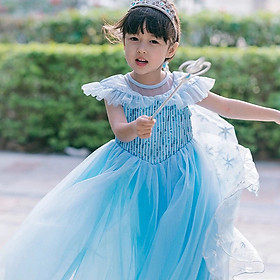 Combo Váy Elsa Cho Bé Gái Kèm Tà Tạo Hình Hoa Tuyết Kèm (Gậy + Vương Miện + Đuôi Tóc) - HMD56
