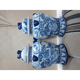 Mua Cặp chóe thờ sứ cỡ lớn men lam cổ vẽ Sơn Thủy Hữu Tình cao 45 cm