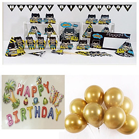 Bộ 8 món để bàn chủ đề BADMAN và 2 sét trang trí trí sinh nhật cho bé trai giao chữ HAPPY BIRTHDAY ngẫu nhiên (Quà tặng cho bé là 2 đôi đũa trẻ em dài 20cm)