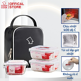 Mua Bộ hộp cơm thủy tinh đựng thực phẩm chịu nhiệt COBA COOK 1 hộp 320ml 2 hộp 370ml và túi simili- CCL3S33SS