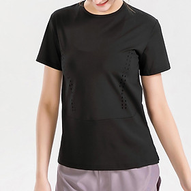Áo thun nữ cổ chữ O ngắn tay thiết kế đường lỗ thoáng khí 2 bên, áo thun thể thao tập yoga, gym-Màu đen-Size