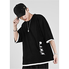 Áo thun nam form rộng unisex tay lỡ in chữ BJHG, chất thun cotton dày dặn thấm hút mồ hôi, thời trang trẻ, phong cách Hàn Quốc
