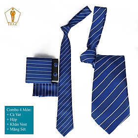 Caravat, Cà Vạt Màu Xanh Họa Tiết, Sọc 8Cm Có Hộp