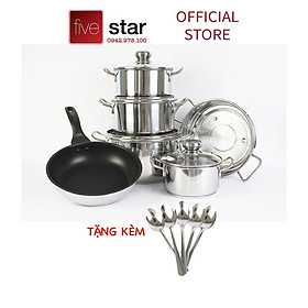 Bộ nồi chảo 3 đáy inox 430 cao cấp FiveStar Standard 6 món bếp từ nắp kính tặng 5 muỗng inox