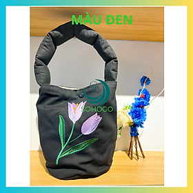 Túi tote nữ, họa tiết hoa Tulip handmade vintage 24x18x18cm - Túi xách canvas hình hoa phong cách Hàn Quốc thanh lịch