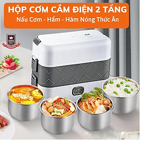 Hộp Cơm Văn Phòng, Hộp Cơm Cắm Điện Hâm Nóng Và Nấu Chín Thức Ăn Tiện Lợi 2 Tầng Kèm 4 Bát Inox Không Gỉ