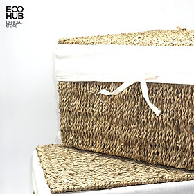 Giỏ cói chữ nhật ECOHUB đựng đồ, Khung sắt, có tay cầm / Lót vải / Có nắp đậy (3 size) 