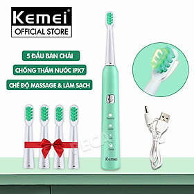 Bàn chải đánh răng điện KEMEI KM-713 công nghệ rung siêu âm 31000 lần/ phút điều chỉnh 6 chế độ đánh bay mảng bám sạch sâu gấp nhiêu lần so với bàn chải thủ công + Tặng kèm 5 đầu bàn chải thay thế - Hàng chính hãng