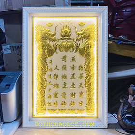 Bài vị Thần Tài Thổ Địa dát vàng 24 K Cao 68cm x Ngang 48cm – Nền trắng, Có đèn và không đèn