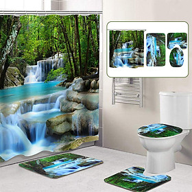 Bath Shower Curtain Waterfall Bathroom Non-slip Mat Set Lid Toilet Cover Mat