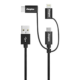 Dây Cáp 3 In 1 Micro-USB, Lightning Và Type-C Energizer Metallic C13UBX3CFBK4 (1.2m) - Đen - Hàng chính hãng