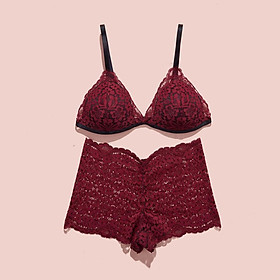 Set đồ lót bralette nữ ren hoa đỏ quần boxer không gọng mút mỏng thương hiệu Mebra _ MB014