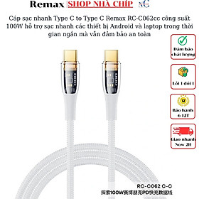 Cáp sạc nhanh Type C to Type C Remax RC-C062cc công suất 100W hỗ trợ sạc nhanh các thiết bị Android và laptop trong thời gian ngắn mà vẫn đảm bảo an toàn -Hàng Chính Hãng