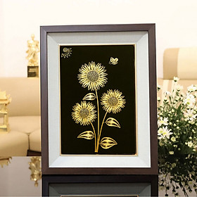 Tranh Hoa Hướng Dương 3 bông Mạ Vàng Cao Cấp Chế Tác Thủ Công