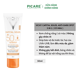 Kem Chống Nắng Vichy Ngừa Sạm Da, Giảm Thâm Nám (Màu Da) 50ml Capital Soleil Anti-Dark Spot 3-in-1 Tinted Daily Care SPF 50 UVA + UVB