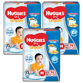 Combo 3 Gói Tã Quần Huggies Dry Gói Cực Đại M74 (74 Miếng) - Bao Bì Mới