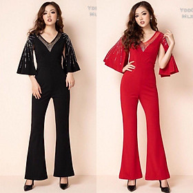 Jumpsuit dài ống loe cổ V phối lưới kết cườm tay xẻ kiểu hàng Thiết Kế