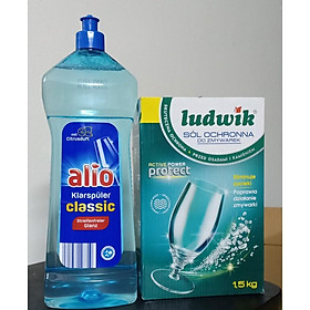 Combo muối rửa bát ludwik 1.5 kg +bóng alio 1000ml dùng cho máy