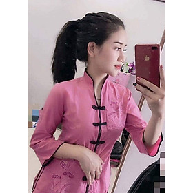Áo Lam Đi Chùa - Bộ Cổ Tàu Thêu Sen Màu Hồng Đậm Viền Đen