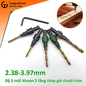 Bộ 5 mũi khoan 2 tầng chỉnh cữ bắt âm mũ vít 2.38-3.97mm phủ titan chuôi tròn