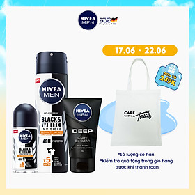 Bộ 3 Xịt và Lăn Ngăn Mùi NIVEA MEN Black & White Ngăn Vệt Ố Vàng Vượt Trội 5in1 ( Xịt ngăn mùi 150ml - 85388 và Lăn ngăn mùi 50ml - 85392) & Sữa Rửa Mặt NIVEA MEN DEEP Than Đen Hoạt Tính Hút Nhờn Sáng Da (100G) - 84415