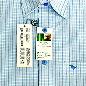 Viettien - Áo sơ mi nam ngắn tay xẻ tà vạt ngang Bamboo spun Ca rô Xanh 6S0710 Regular