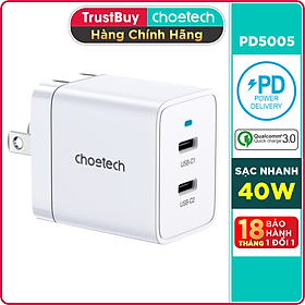 Mua Adapter Củ Sạc Nhanh 40W Sạc 1 Cổng Type C 40W  2 Cổng Type C 20W  PPS 25W  QC3.0 18W CHOETECH Q5006 Chuyên Cho iPhone  Samsung  iPad - Hàng Chính Hãng