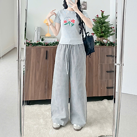 Quần dài kẻ sọc ống rộng có dây rút chất vải thoáng mát Kona Miều Est.2013