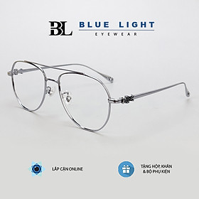 Gọng Kính Cận, Kính Giả Cận Nam Nữ TITANIUM Cao Cấp Siêu Nhẹ, Mắt Phi Công To Tròn , Full Đen, Bạc - BLUE LIGHT