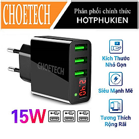 Đen - Cóc củ sạc nhanh 15W 3 cổng USB hiệu CHOETECH C0026 cho điện thoại / máy tính bảng Samsung iPhone Huawei Oppo Xiaomi (sạc nhanh 2.4A / Port, 3 Port USB, Max 3A, trang bị LED hiển thị) - Hàng chính hãng