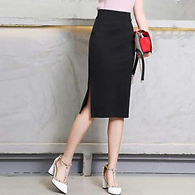 Chân váy bút chì công sở màu đen dài 60cm xẻ tà hong sang trọng vải kaki thun co giãn-New Design
