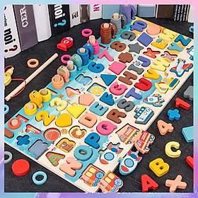 Bộ đồ chơi xếp chữ câu cá gỗ đa năng 6in1 ghép bảng số, chữ cái, hình khối, phương tiện giao thông