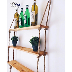 Kệ 3 Tầng Treo Tường Trang Trí Bằng Dây Thừng Gỗ Thông Bản Dài Hẹp - Kích Thước DxR: 60x10cm (Kệ không bao gồm các sản phẩm khác)