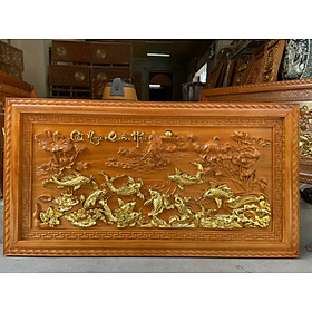 Tranh điêu khắc tích cửu ngư quần hội gỗ gõ đỏ kt 67×127×4cm 