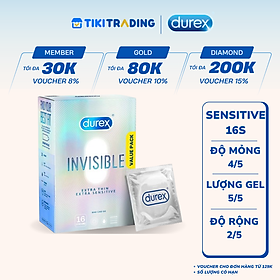 Bao Cao Su Durex Invisible Siêu Mỏng, Size 52 mm, Hộp 16 Bao Mới Ra Mắt - Hộp Lớn Siêu Tiết Kiệm
