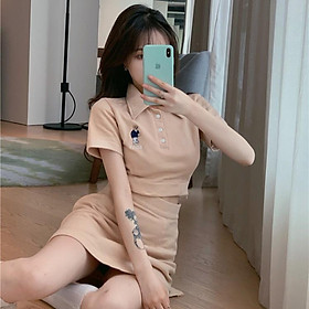 Set Bộ Váy Chữ A Kèm Áo Croptop Có Cổ Bao Xinh- Lapi VN, Đồ Bộ Nữ, Hình Thêu Có Kèm Lót Trong