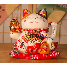 Mua Tượng Mèo Thần Tài Gốm Men Vẫy Tay 24cm Loại Lớn Kèm Đệm Đỏ Và Dây Nguồn