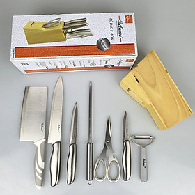 Bộ Dao Inox 8 Món Nhà Bếp RL-KF142 Có Hộp Đựng Gỗ Tiện Dụng Gồm Các Loại Dao,Kéo,Gọt,Dụng Cụ Mài Cao Cấp