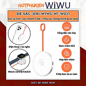Đế Sạc không dây từ tính nam châm N52 sạc nhanh 15W hiệu WIWU Wi-W037 3in1 magnetic cho điện thoại cho iPhone tai nghe cho Airpods / cho Apple Watch cổng USB-C/L - Chip AI an toàn sạc, sạc cho iPhone 16 15 14 13 12 Pro Max Plus - Hàng nhập khẩu
