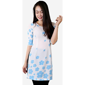 Áo dài cách tân nữ ADV1711HXA họa tiết hoa xanh nền trắng